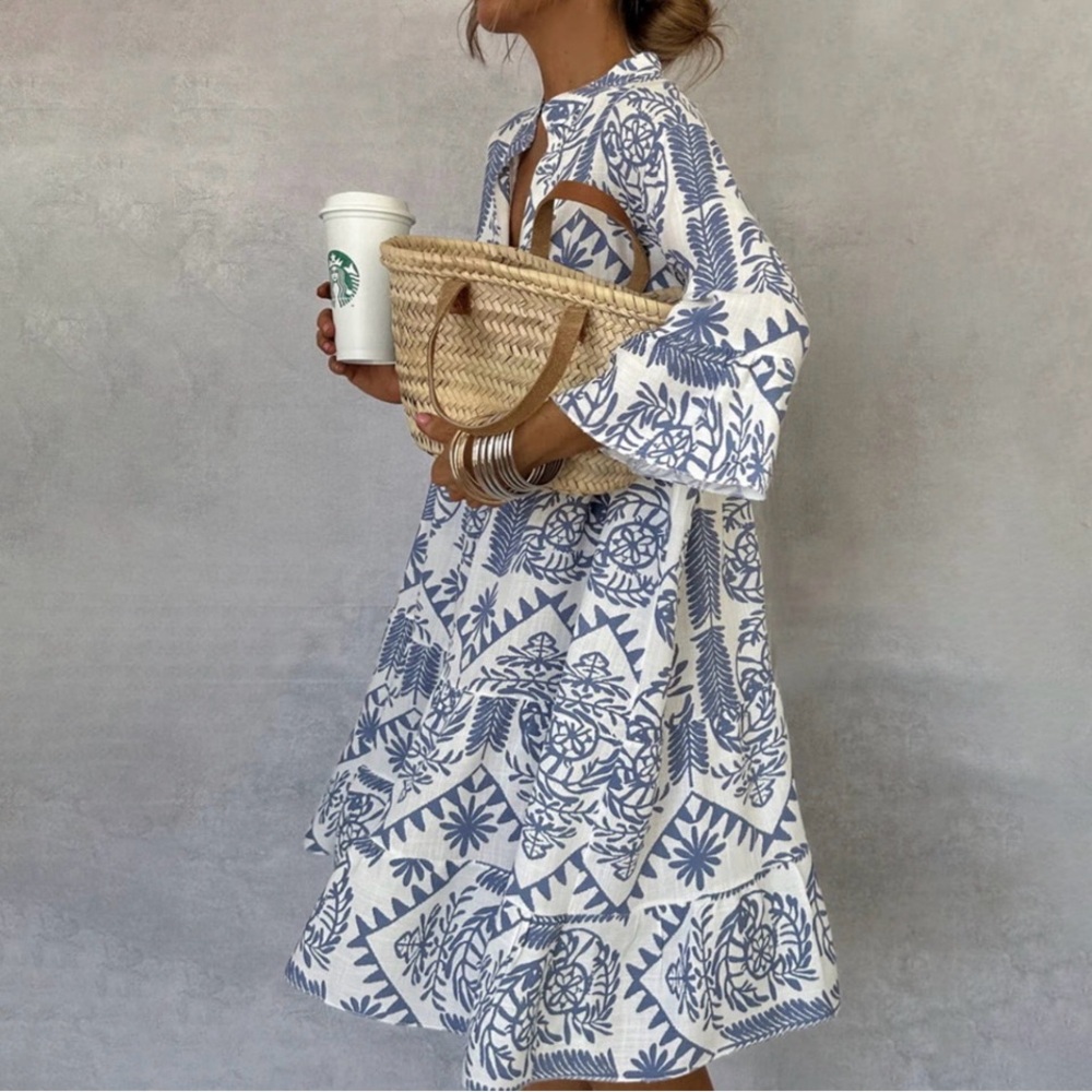 Chic Blue and White Patterned Mini Dress